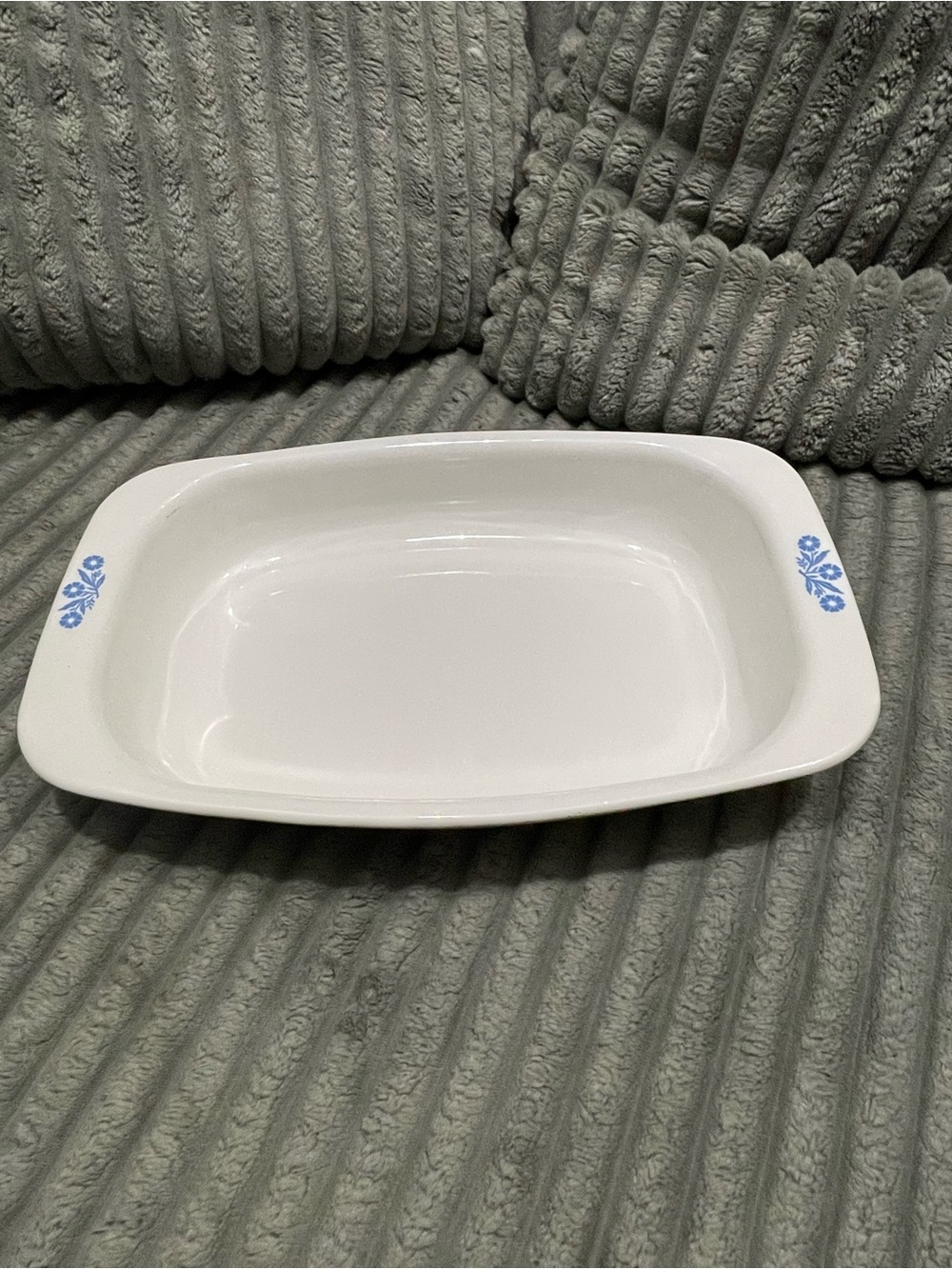 Corning ware white casserole dish with blue cornflower design